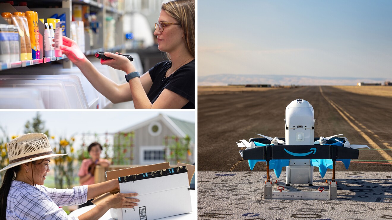 Person in glasses scanning products, person in sunhat opening Amazon package, delivery drone on runway ready for takeoff