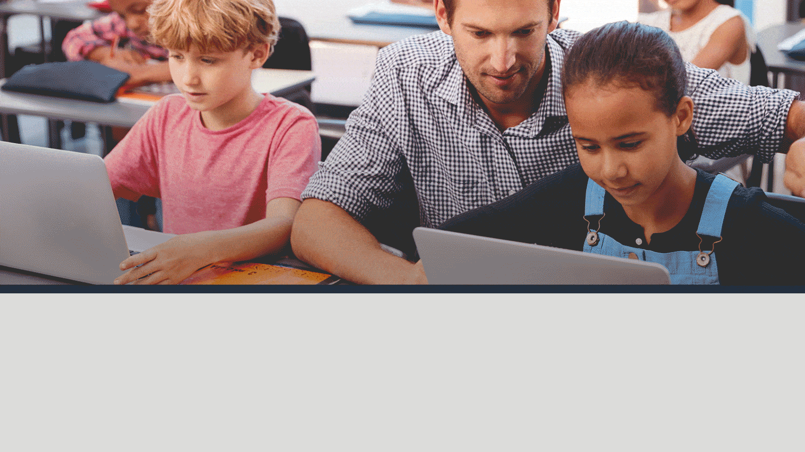 A gif that includes a photo of elementary students working on laptops. There is a statistic that states, "By 2030, 33.3% of students will access online education via cloud-enabled MSMEs".