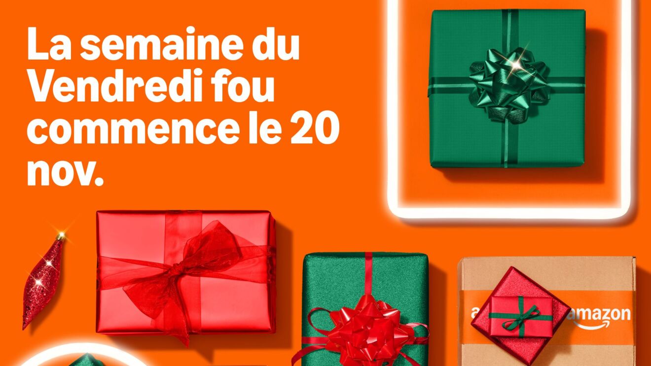 Une image qui dit "La semaine de Vendredi fou commence le 20 novembre" entouré de cadeaux