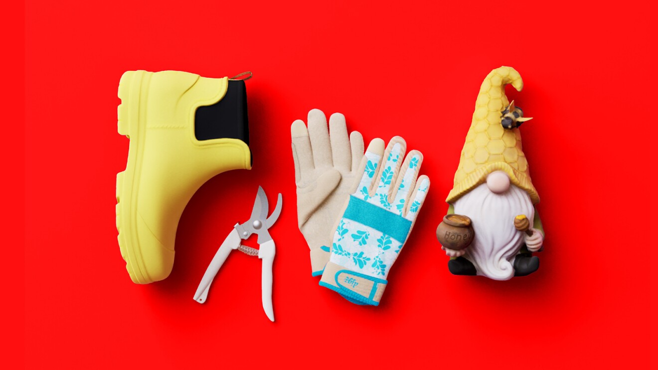 An image of products against a red background. Products include a yellow boot, gardening tools, and gardening gloves.