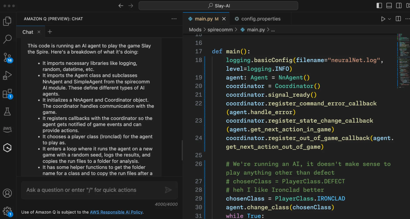 A screenshot of Amazon Q Developer in preview, assisting with coding of a video game.