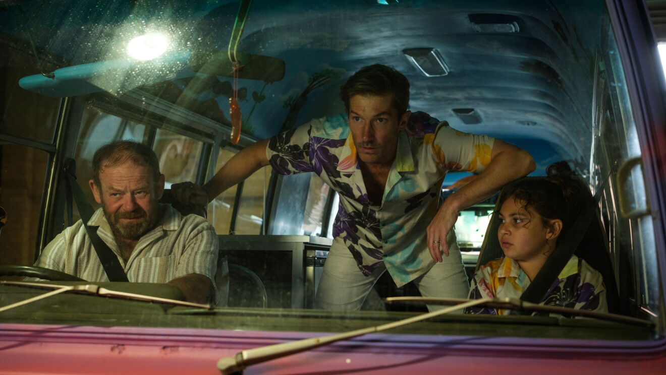 Top End Bub scene in the van with 2 men and a kid