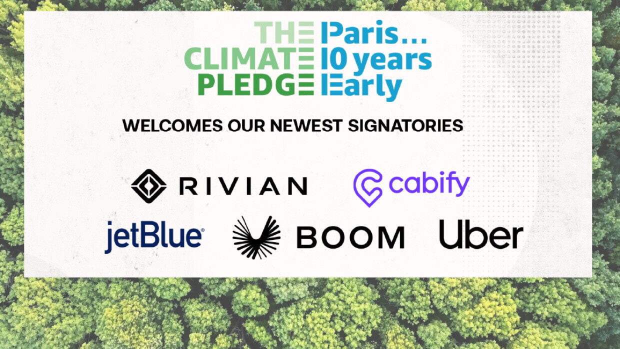 Fotografía de un bosque t delante en un cuadro blanco The Climate Pledge, Paris 10 years early welcomes our newest signatories y los logos de Rivian, Cabify, jetBlue, Boom y Uber.
