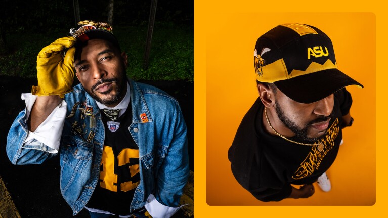 small businesses featured in Oprah’s Favorite Things 2024 holiday gift list: Stylish man in denim jacket and ASU gear, split composition