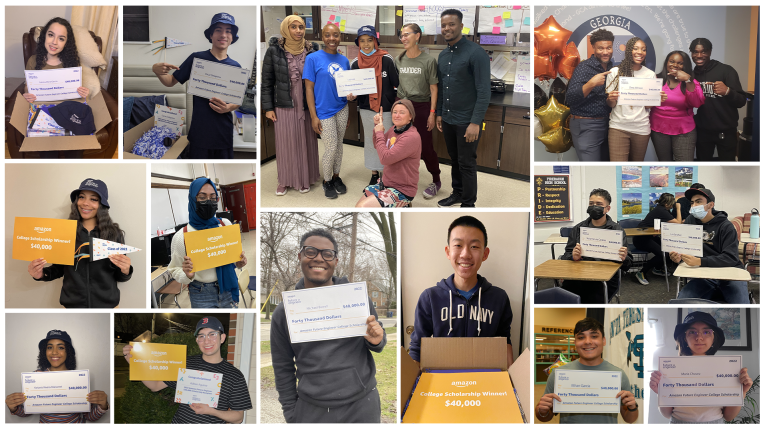 A collage of the student winners each smiling and holding up a check of their winnings.