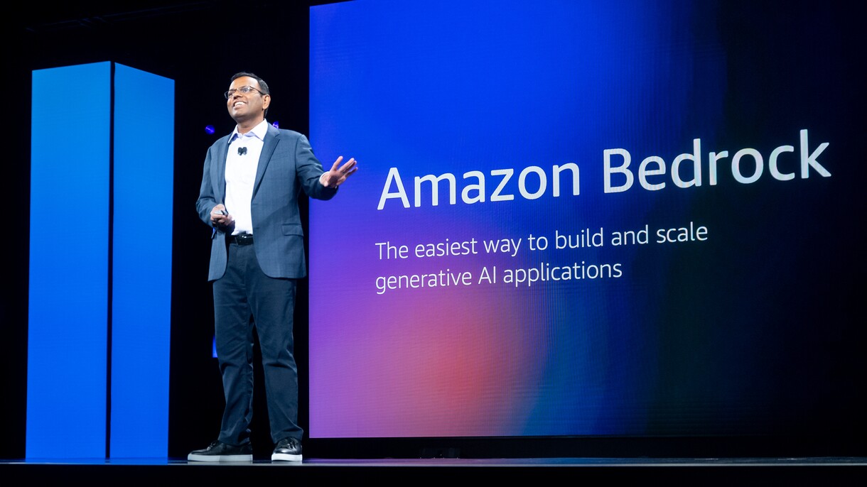 Dr. Swami Sivasubramanian, vice president of AI and Data at AWS speaking on stage at AWS re:Invent 2024