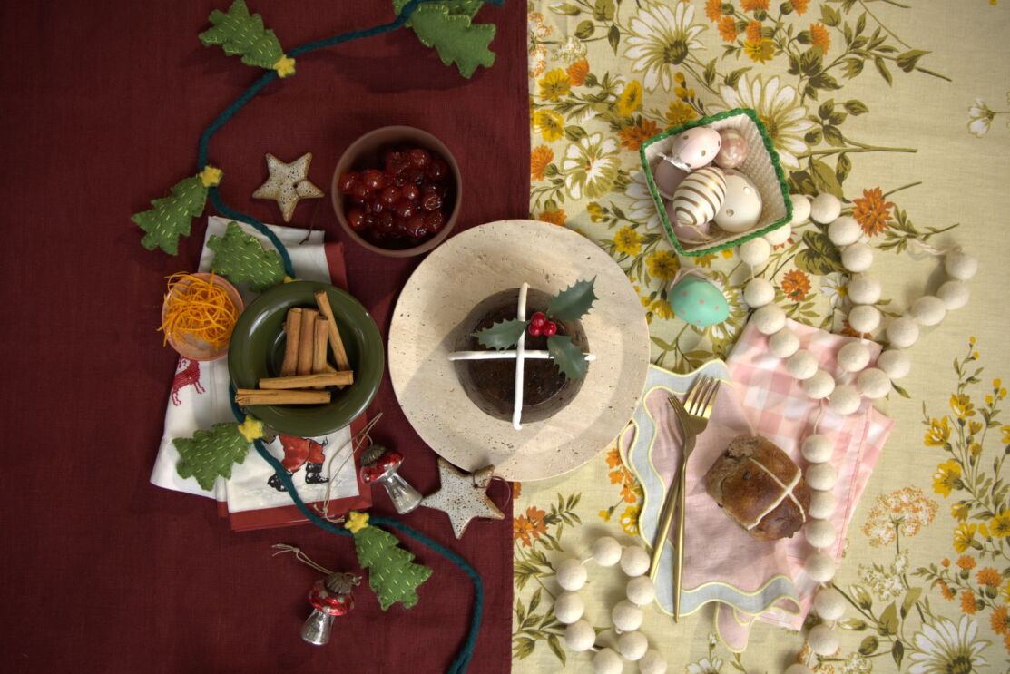 Hot Chriss Pud on a festive table surrounded by Easter and Christmas decor