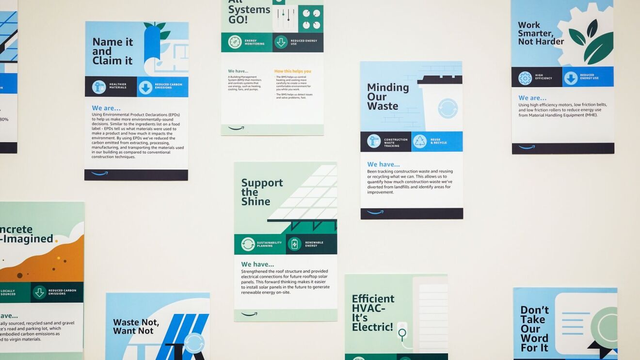 SCA5: Sustainability infographic with various eco-friendly initiatives and slogans