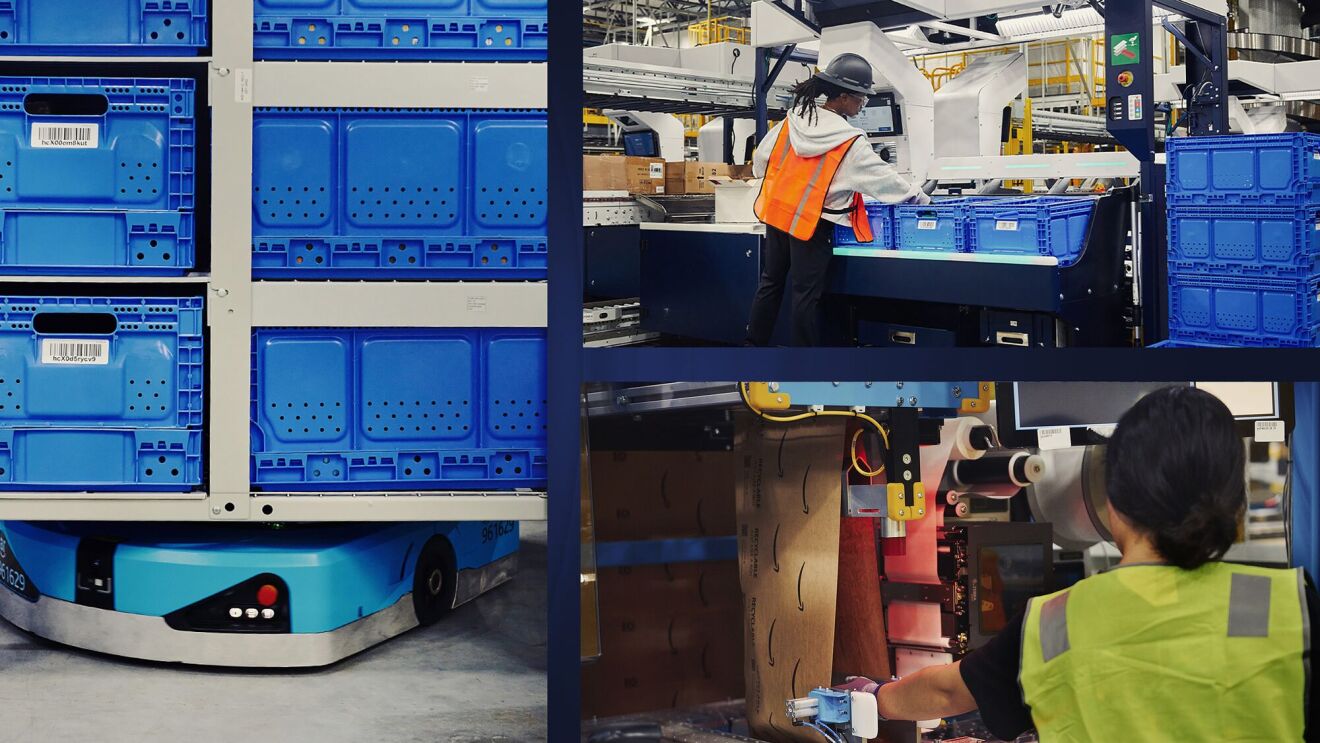 Three images at an Amazon fulfillment center in Shreveport, Louisiana: One of a robot moving bins, another of an Amazon employee sorting items and another Amazon employee packing items.