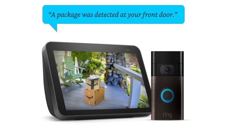 An image of an Echo Show device. On the screen is an image of a package being delivered. There is a Ring doorbell camera next to the device. At the top is a word bubble that says "A package was delivered at your door."