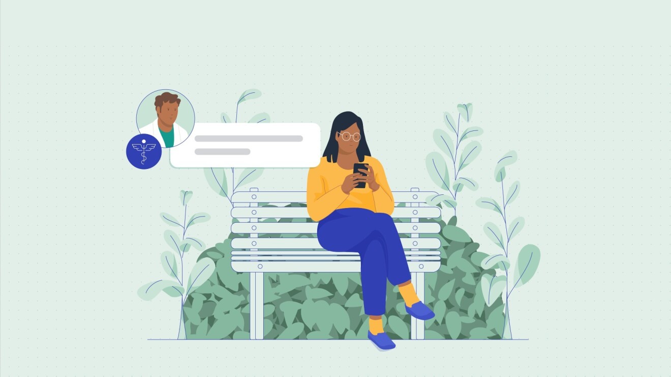 一个人坐在长凳上看手机的图片。有一个呼叫框,上面有给医生的信息。