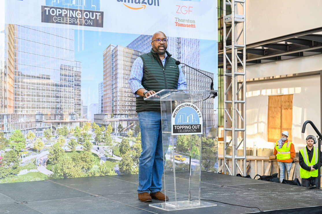 An image of the "top out" event celebration for Amazons HQ2's Met Park.