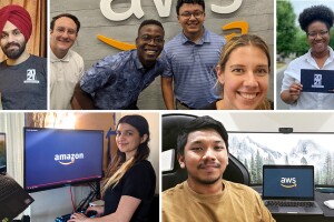 An image collage featuring photos of Amazon interns.  