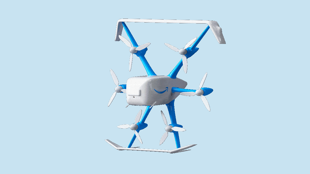 Rotating animation of Amazon delivery drone concept with blue and white design