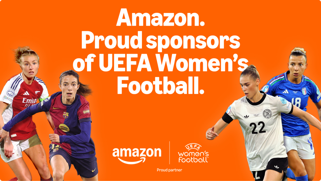 A graphic to show Amazon's sponsorship of the UEFA Women's Football, with players cut out against an orange background