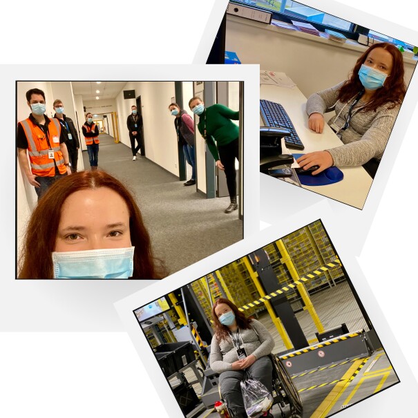 Collage mit § Bilder von Lea: im Logistikzentrum, am Bildschirmarbeitsplatz und auf dem Flur mit Kollegen