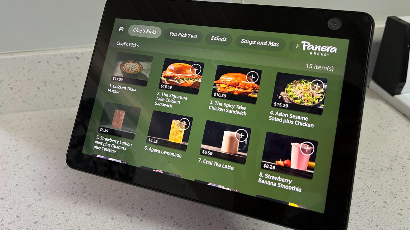 An image of an Echo Show device Showing the Panera ordering skill with Alexa. 