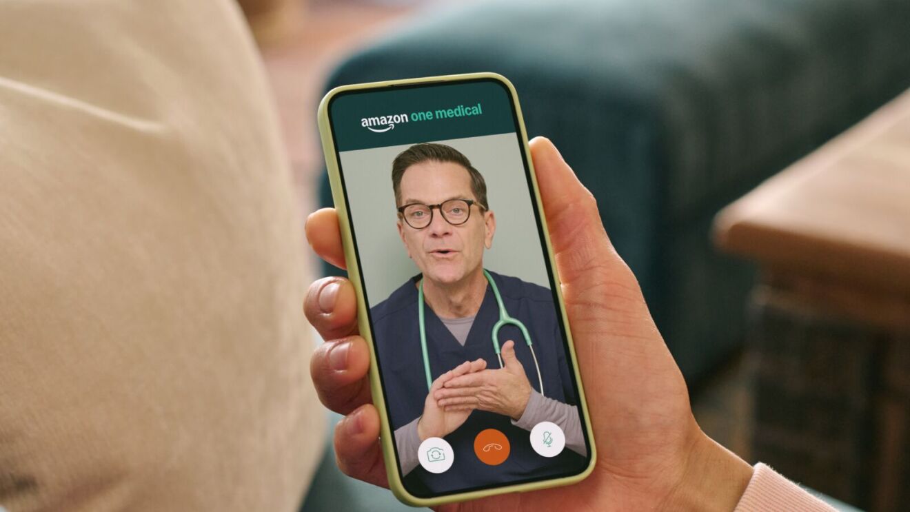 Telemedicine consultation on Amazon One Medical app screen.