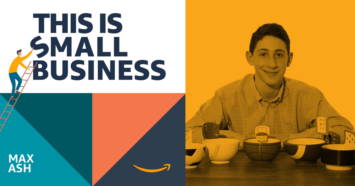 Max Ash featured on the This is Small Business podcast sits in front of his bowl creations and smiles.