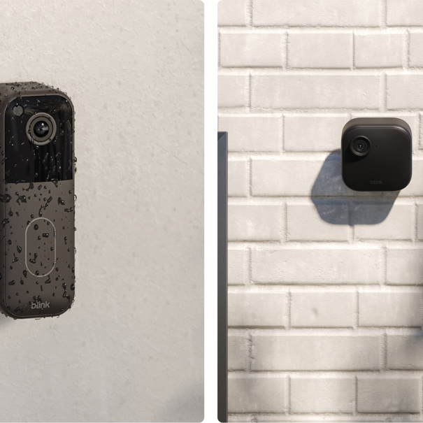 Blink doorbell with water droplets on it next to Blink Outdoor 4 camera
