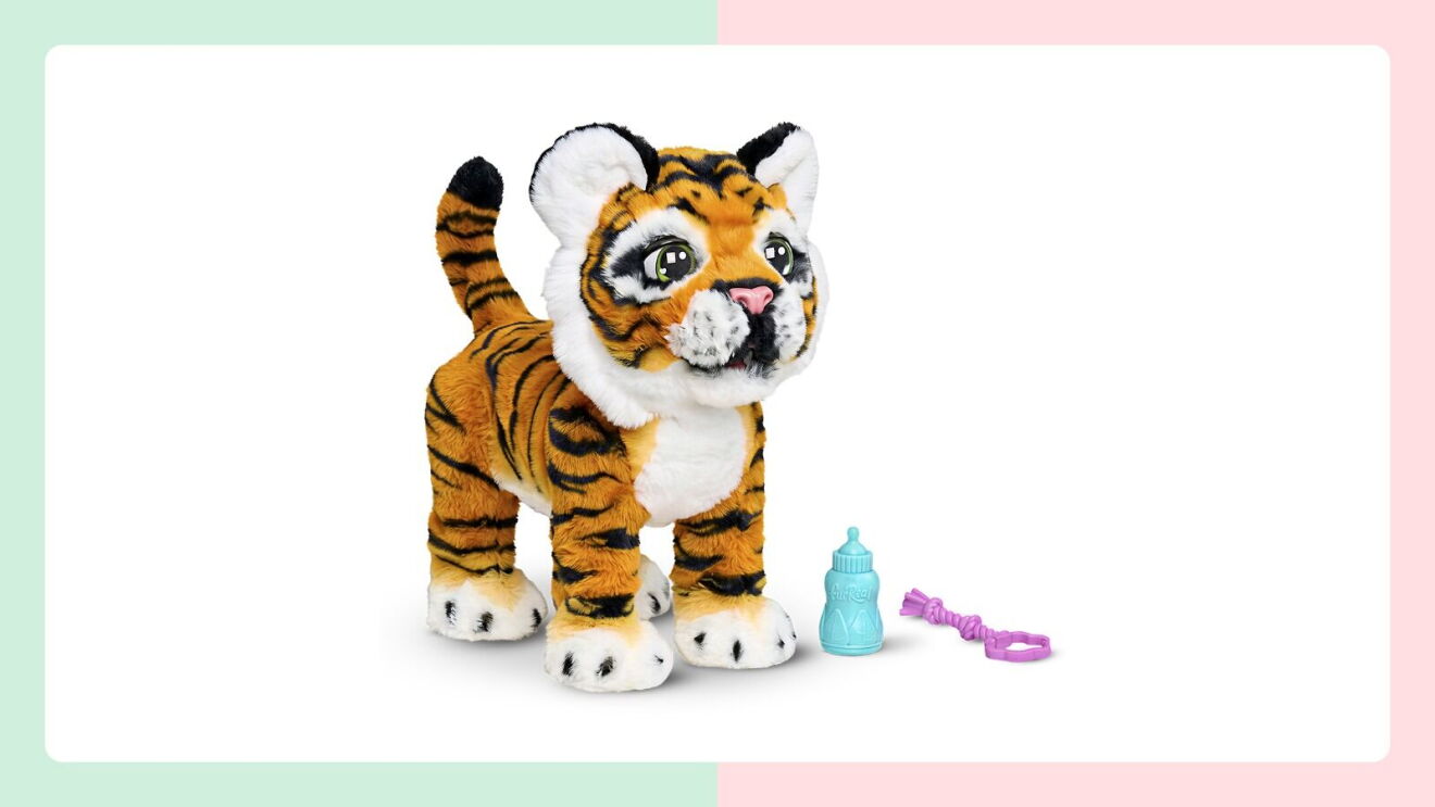 Plush tiger cub toy with feeding bottle and leash accessories