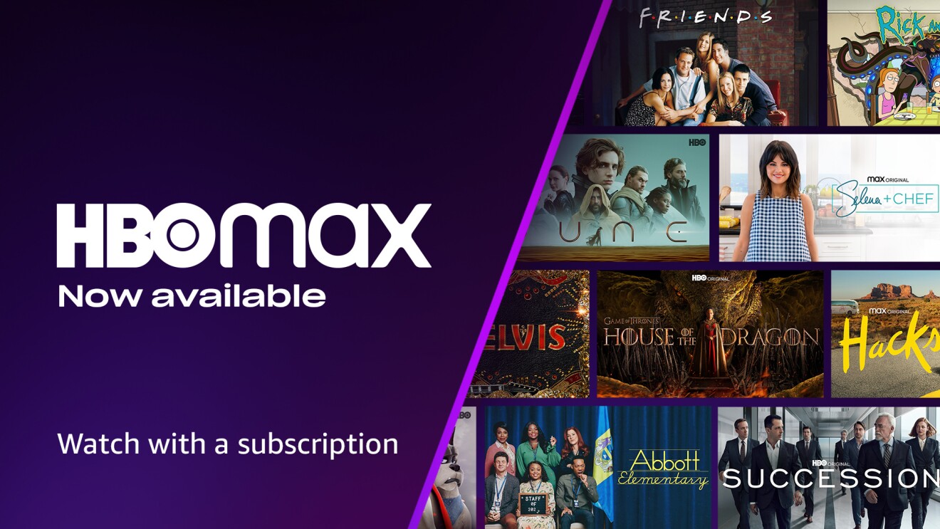 An image that says "HBO Max Now Available on Prime Video. Subscription required."