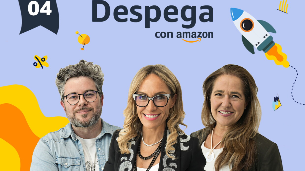 Poster del podcast Despega. En un fondo morado claro aparece una bandera con la letras y números Episodio 03. Después dibujos de un cohete que está despegando, satélites y unas olas de color amarillo y naranja. Además en letras azules Despega con Amazon con la sonrisa debajo de la palabras Amazon. De izquierda a derecha, César Pascual, fundador de Cerveza La Virgen con una camisa  tejana azul y debajo una camiseta blanca de algodón con un dibujo que no se puede descifrar. Lleva gafas y tiene el pelo canozo de punto y una barba con canas. En el medio la presentadora Luján Argüelles con una gafas de color negro y blanco, dos collares de perlas, uno de perlas blancas y el orto de perlas negras. Una americana de color negro con una sanefa de color plateado y un jersei de punto blanco debajo.   A la derecha, María Gómez del Pozuelo, fundadora de Womenalia, con el pelo largo más allá del hombri y de color castaño. Una americana negra y debajo una camiseta blanca de algodón. Con un collar blanco. 