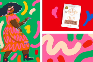 A split image with colorful blocks. One block shows an illustration of a woman dancing, the other a coffee, the other illustrated lines.