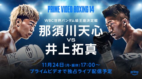 紺色の背景を複数の照明が照らす中、上半身裸でグローブをつけた2人のボクシング選手が対峙している。2人の間、中央に「那須川天心vs井上拓真」の白い文字。