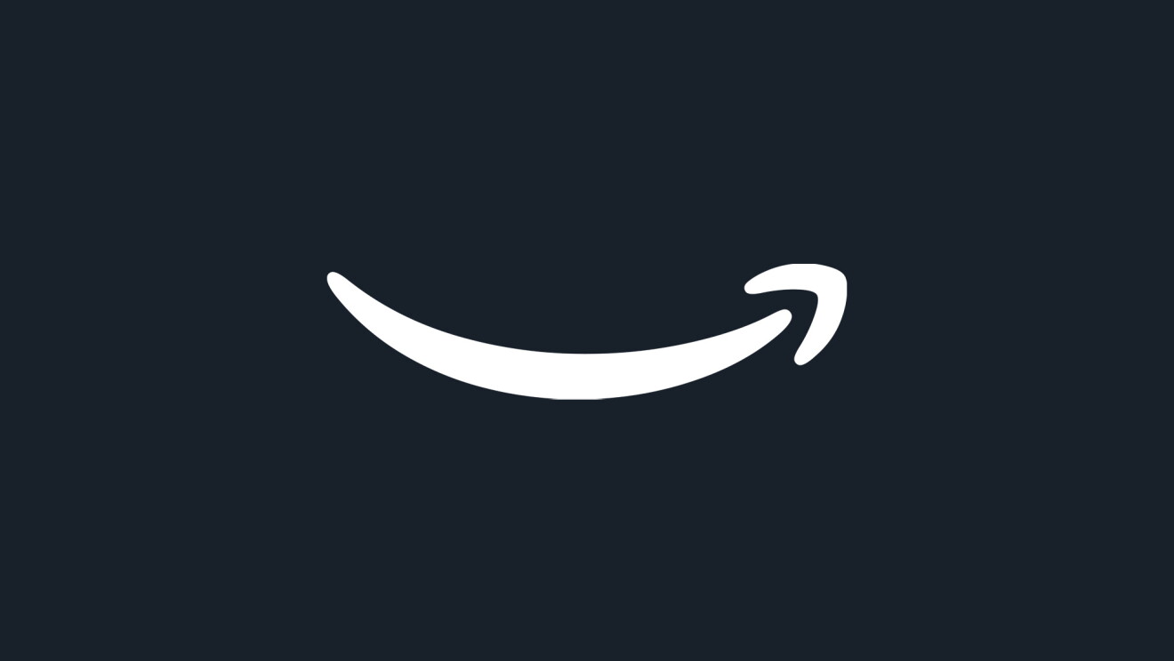 Amazon smile logo in white on a squid ink background