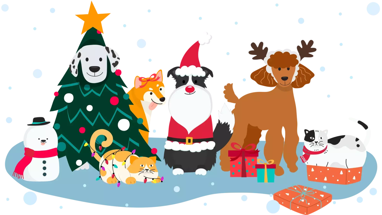 Illustration of pets dressed with Christmas decorations