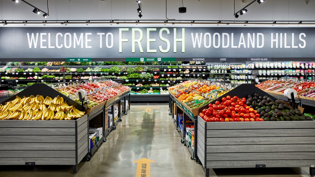 A photograph from inside the first Amazon Fresh store, located in Woodland Hills