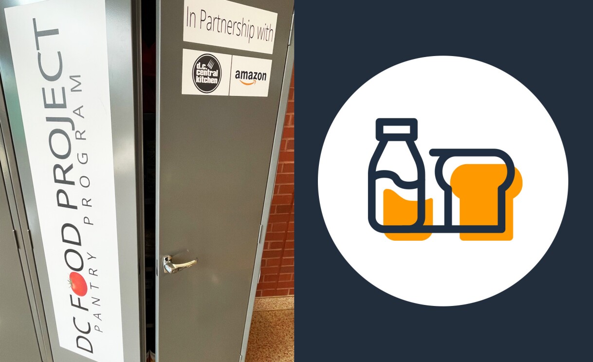 A collage of two images. The one on the right shows an illustration of two food items, and the image on the left is of a cabinet that reads "DC food project pantry program" and "In partnership with D.C. Central Kitchen and Amazon" with both company logos.