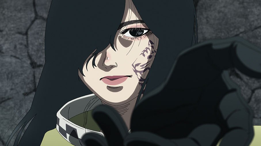 灰色の岩壁を背景に、左頬に模様が描かれた女性のアニメキャラクター。右目は長い前髪で隠れていて、手袋をした左手を大きく前に差し伸べている。