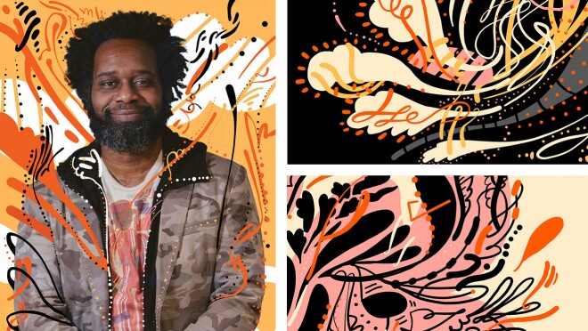 An image of a man smiling for a photo. There are orange, white, black, and green illustrations around him.