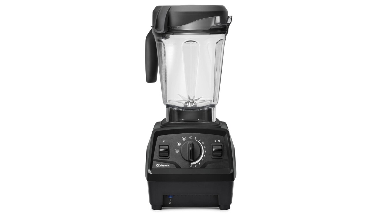An image of a Vitamix blender with a black base and cap and a clear pitcher.