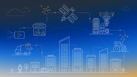 城市风貌的一个说明,其中包括一辆卡车的象征,一家商店前,卫星,医院和拖拉机。