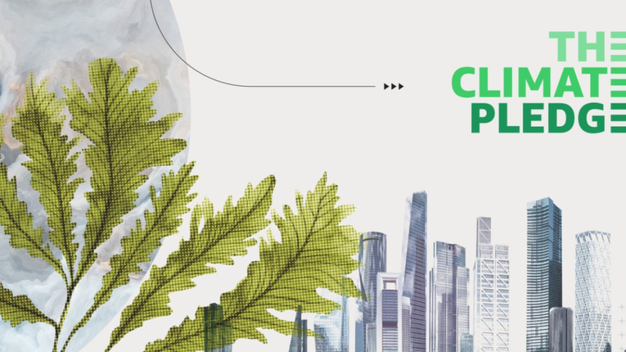 Climate Pledge logo over images of buildings