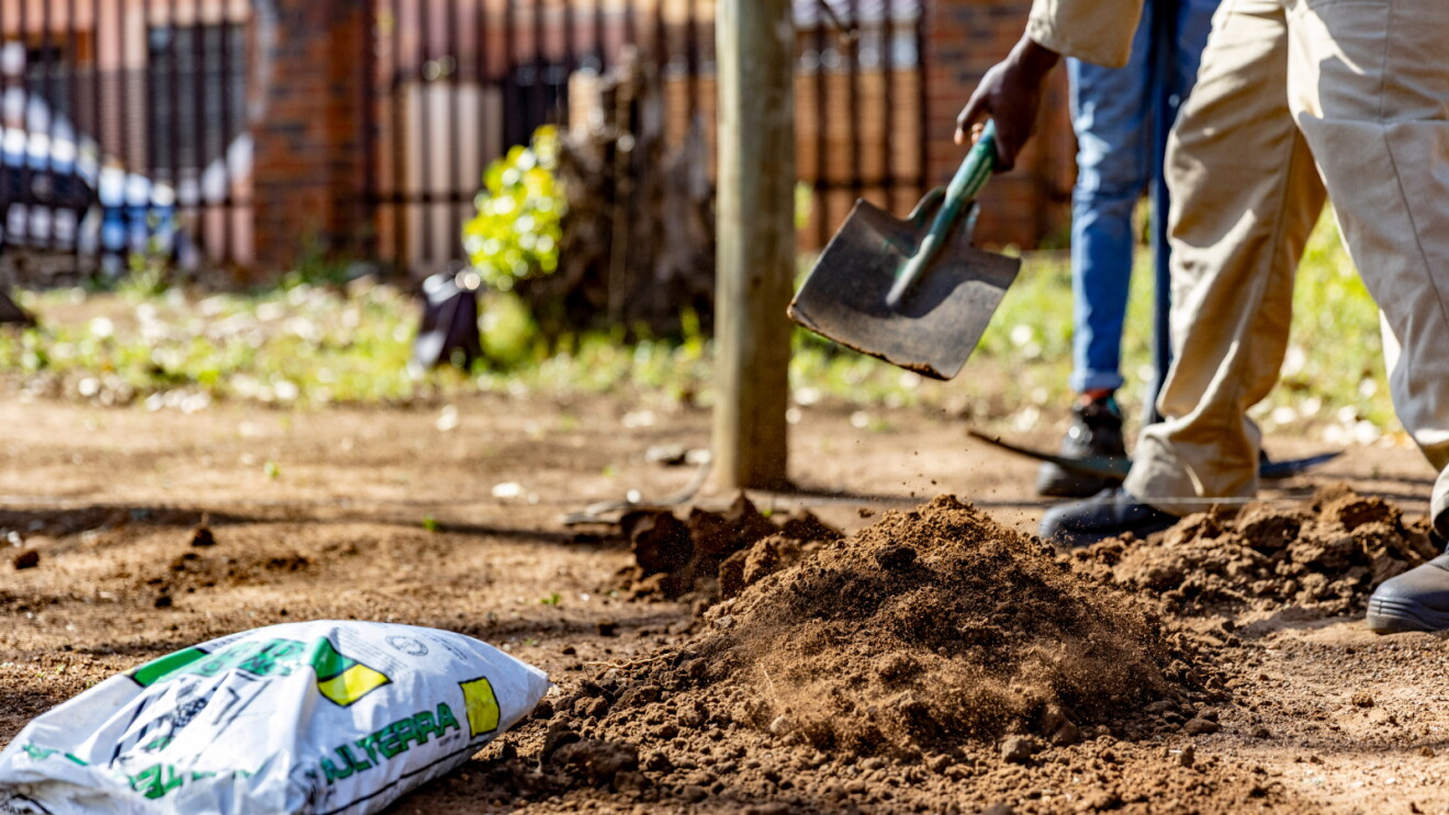 Person holding shovel standing near pile of dirt and bag of fertilizer in backyard