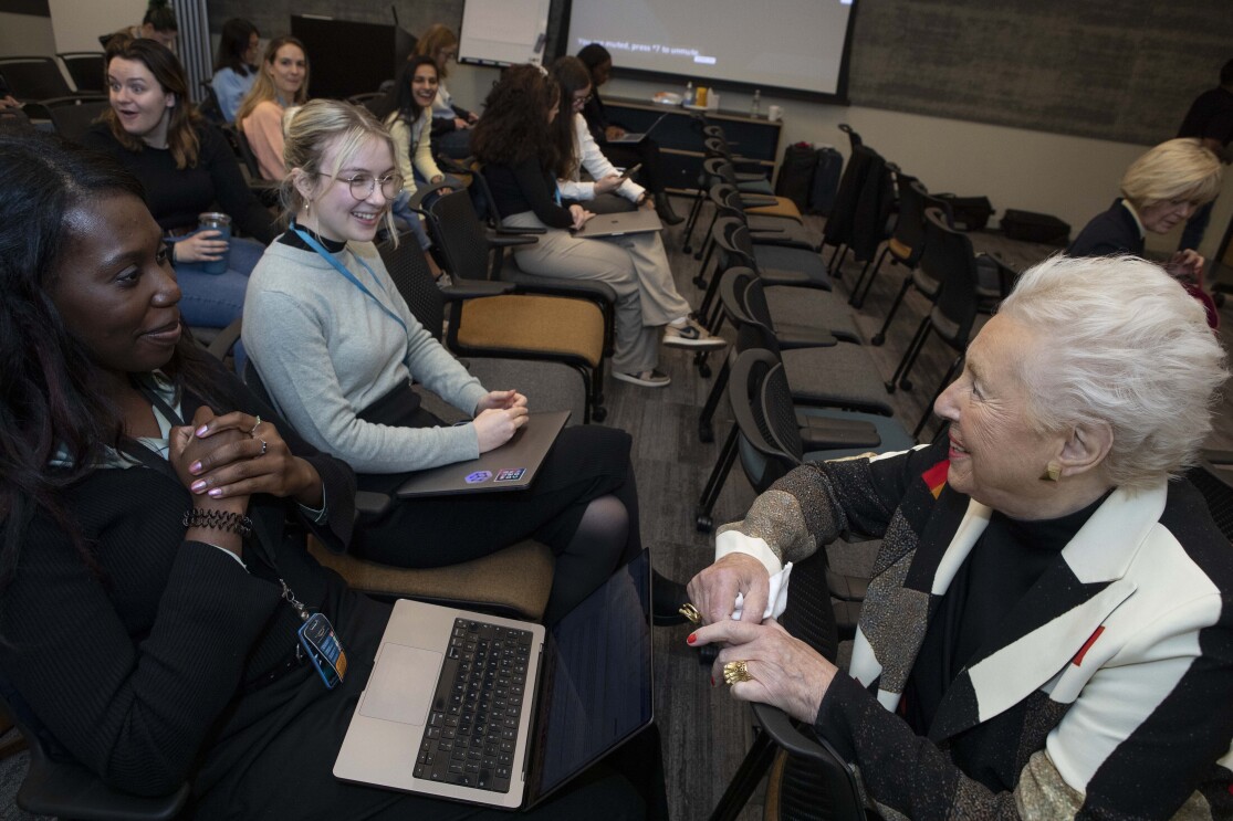 Dame Shirley talks to the audience after her speech at Amazon offices