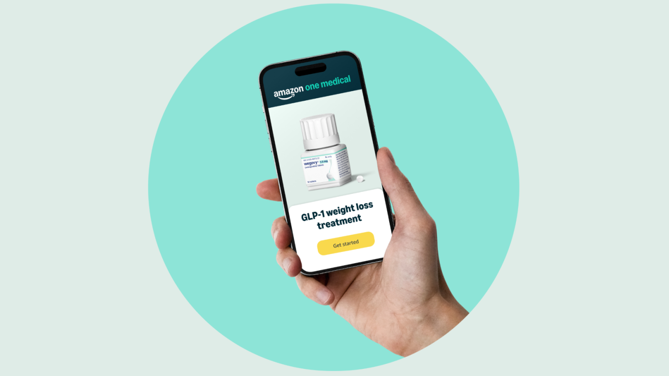 Amazon One Medical mobile experience on phone displaying GLP-1 weight loss treatment option