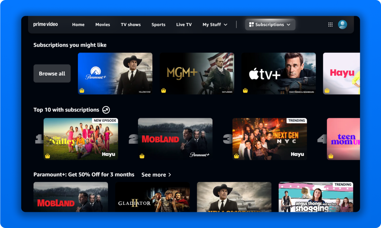 Prime Video interface showcasing subscription options and popular shows
