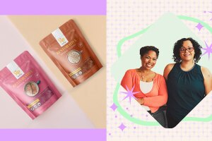 Two side by side images, the left showing Restorative coffee bags and the right showing two women with a colorful background. 