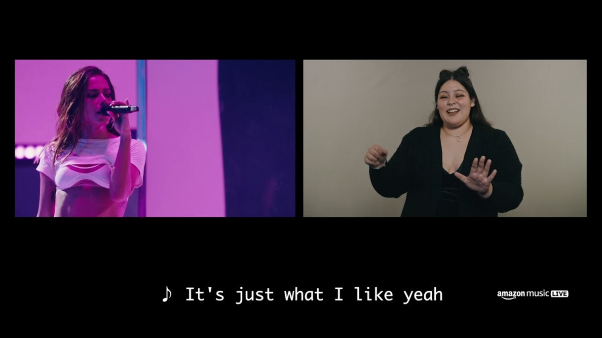 A split image showing Anitta singing on stage on the left and Ima Faith Hernandez interpreting on the right.