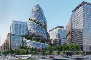 A rendering of the new Amazon headquarters in Arlington, Virginia. There is a large, helix-shaped building in the middle with greenery and several other rectangular buildings surrounding it. 