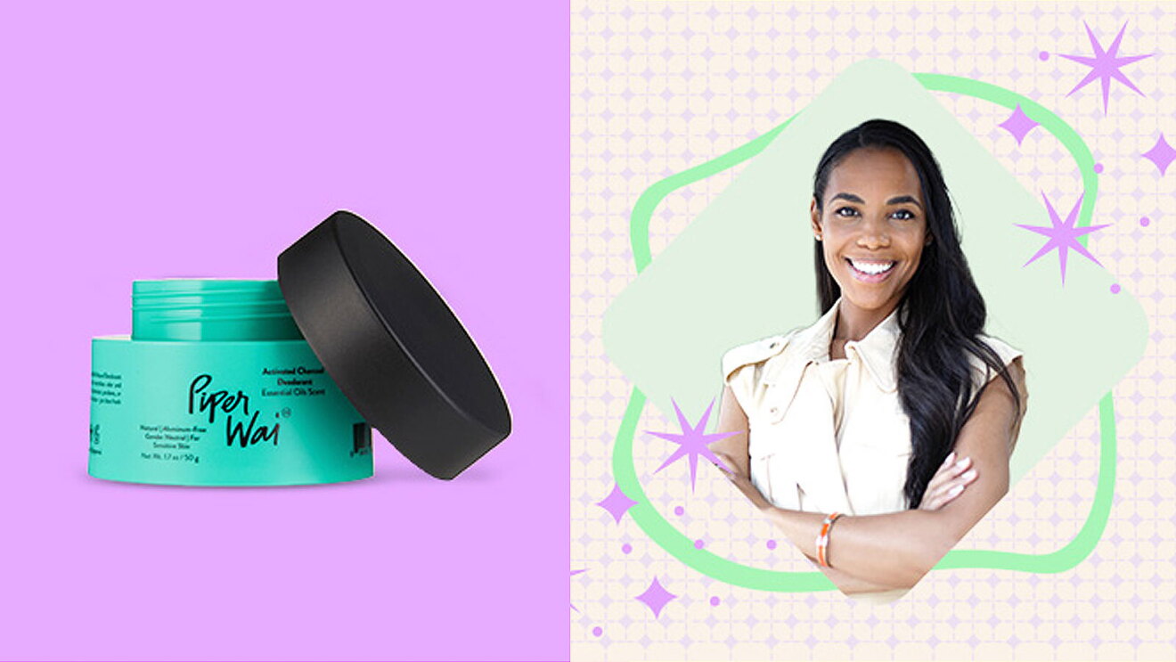 A side by side image of a cream product on the left and a headshot of Sarah Ribner on the right.