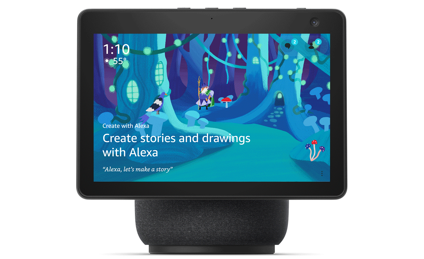 An Amazon Echo Show with various Create with Alexa screens.