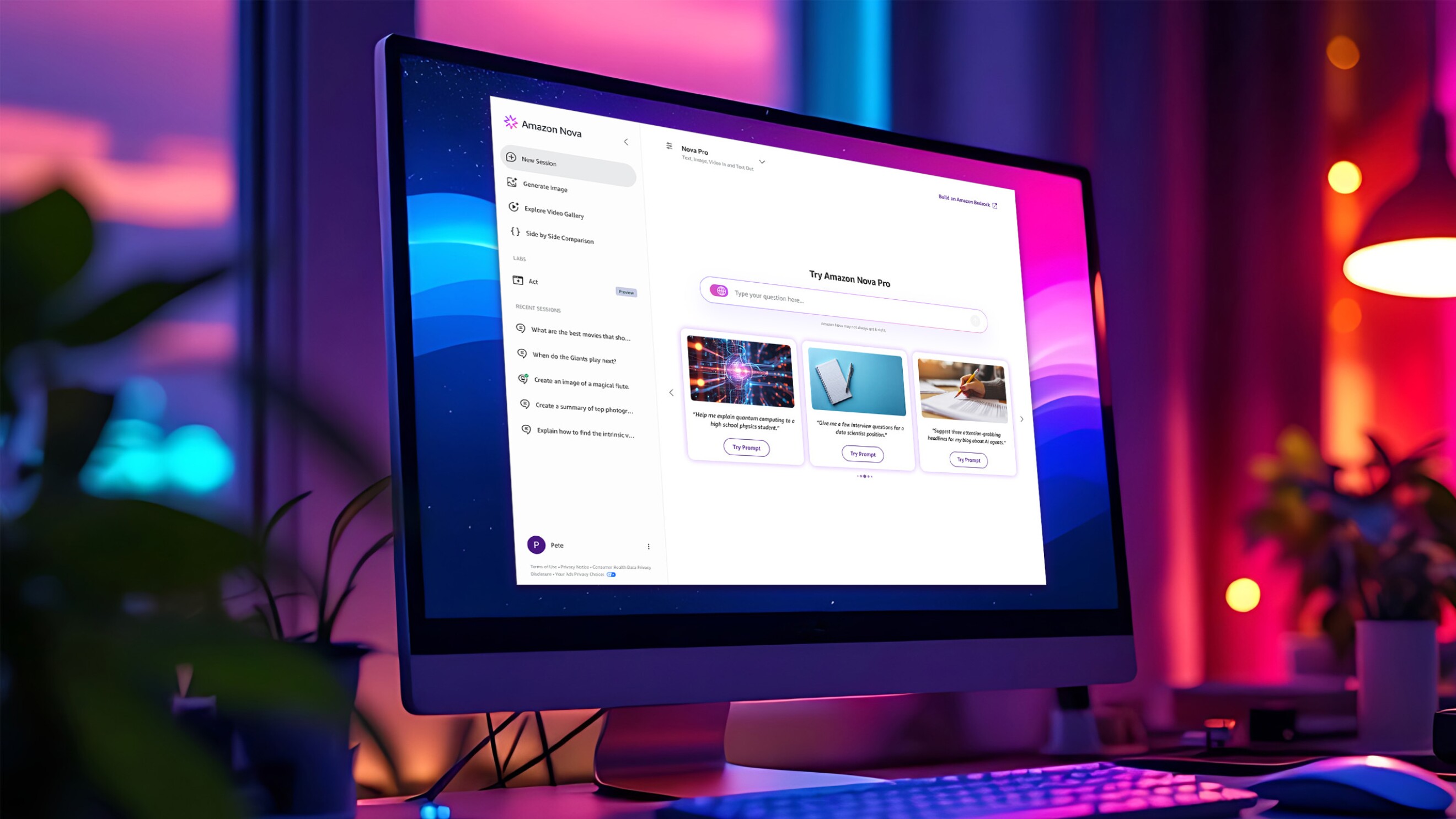 Generative AI prompts on nova.amazon.com, on a desktop computer.