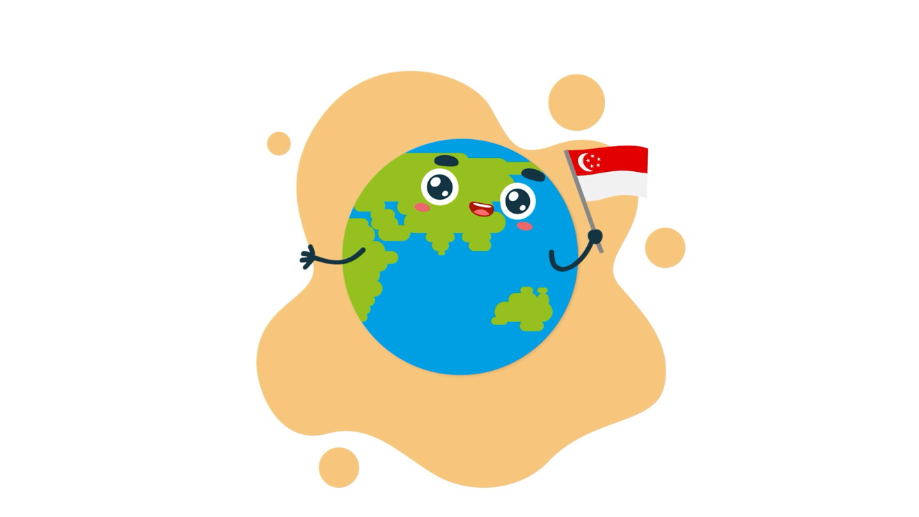 An animated world map with a smiling face and Singapore flag