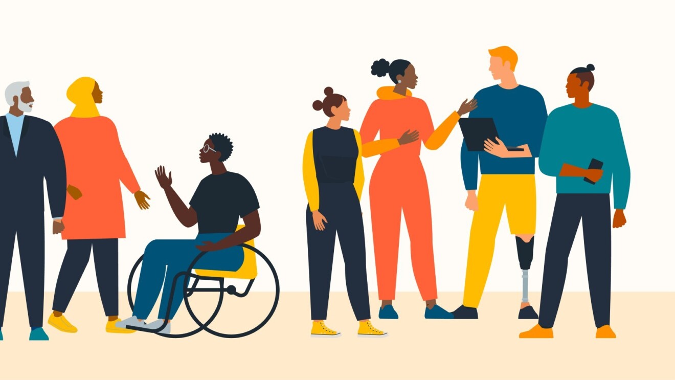 A graphic of a diverse group of people talking to one another.